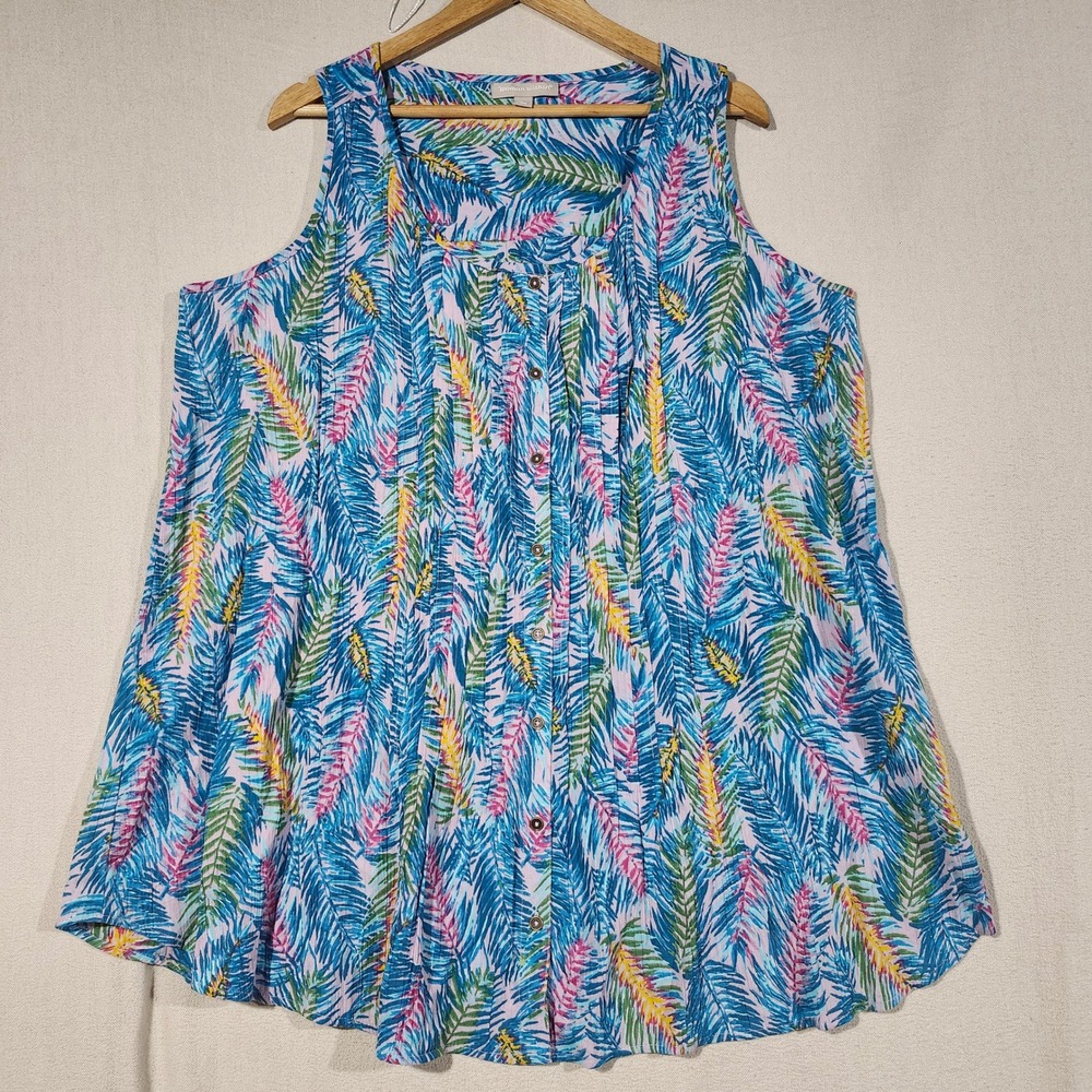 Woman Within Womens Tropical Palm Pintuck Cotton Tunic Top Blue Pink 14/16 M